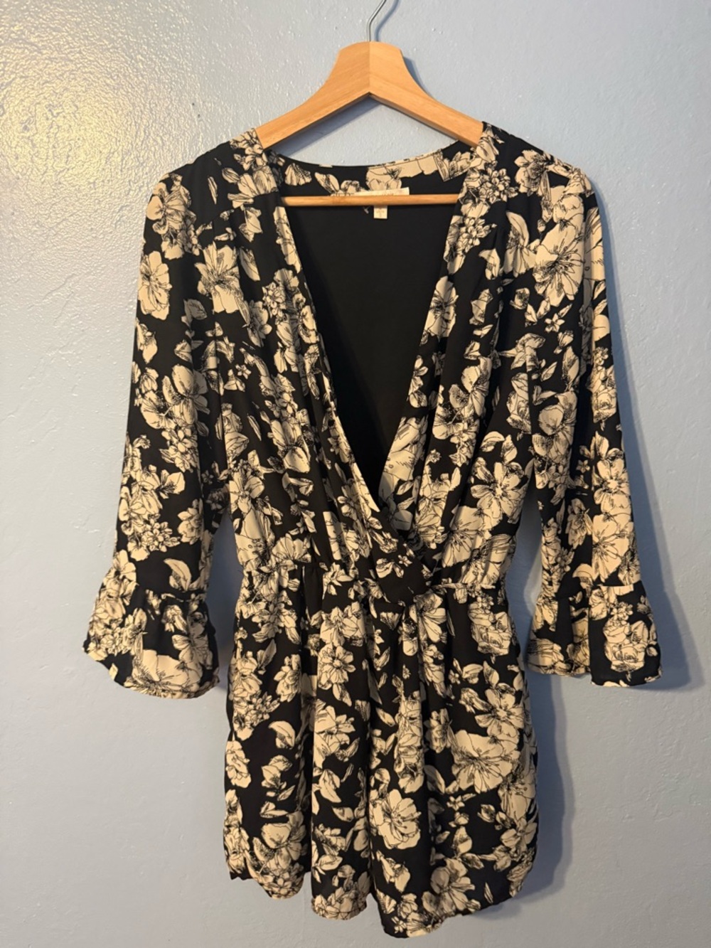 Skies Are Blue Navy and Cream Floral Romper 3/4 Bell Sleeve